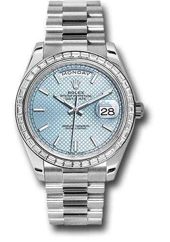 Rolex 950 Platinum Day-Date 40 Watch - Baguette Diamond Bezel - Ice Blue Diagonal Motif Index Dial - President Bracelet - 228396TBR ibdmip