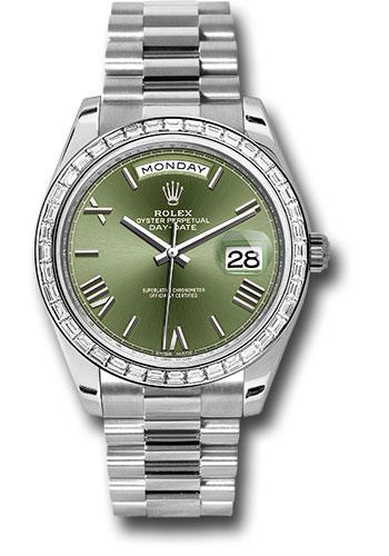 Rolex 950 Platinum Day-Date 40 Watch - Baguette Diamond Bezel - Olive Green Bevelled Roman Dial - President Bracelet - 228396TBR ogrp